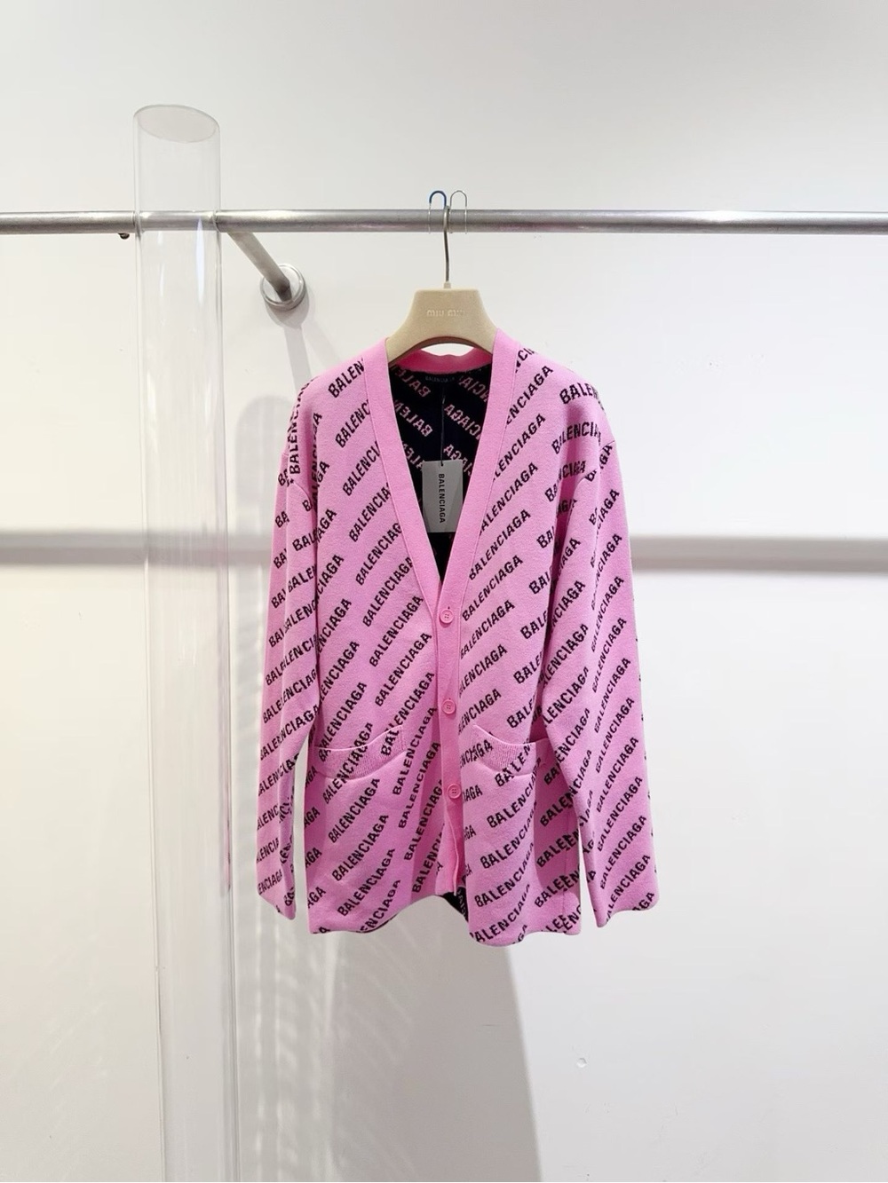Balenciaga Pink All-Over Logo Knit Cardigan Jacket
